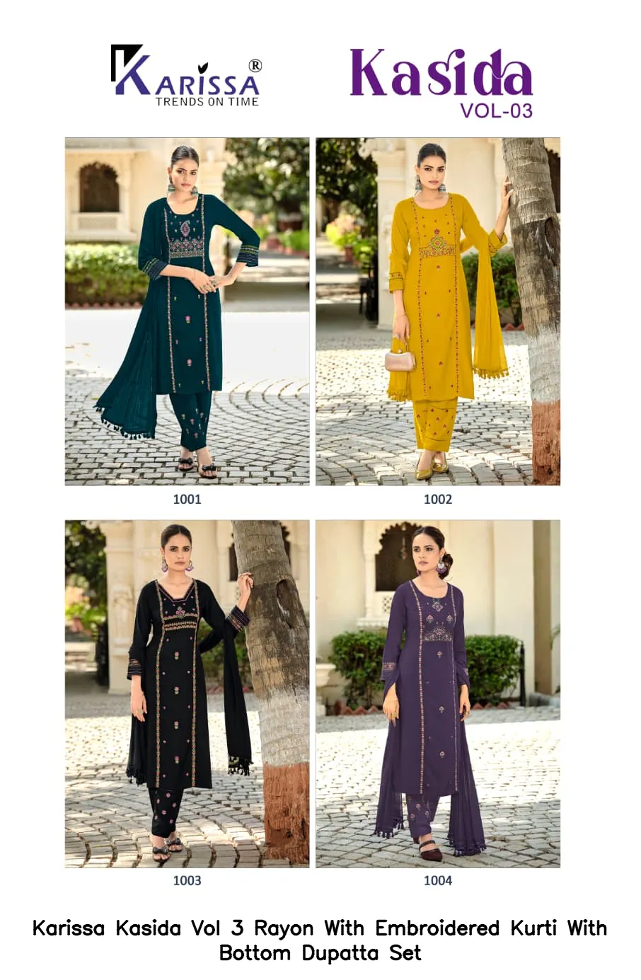 Karissa Kasida Vol 3 Rayon With Embroidered Kurti With Bottom Dupatta Set — Wholesale Cotton Kurti Pant Set, Karissa wholesale from Surat — view 2