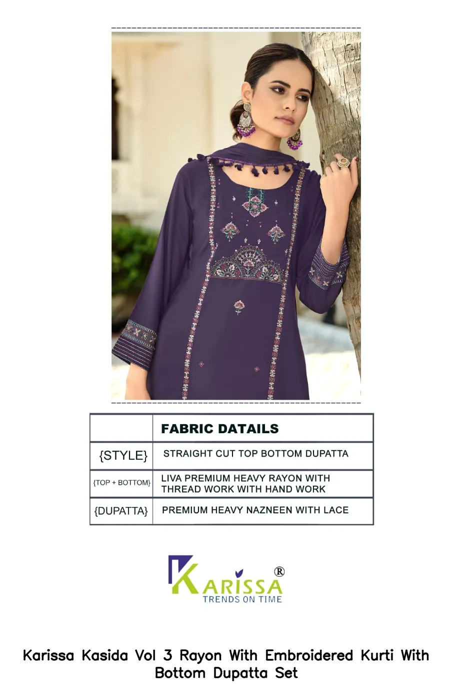 Karissa Kasida Vol 3 Rayon With Embroidered Kurti With Bottom Dupatta Set — Wholesale Cotton Kurti Pant Set, Karissa wholesale from Surat — view 3