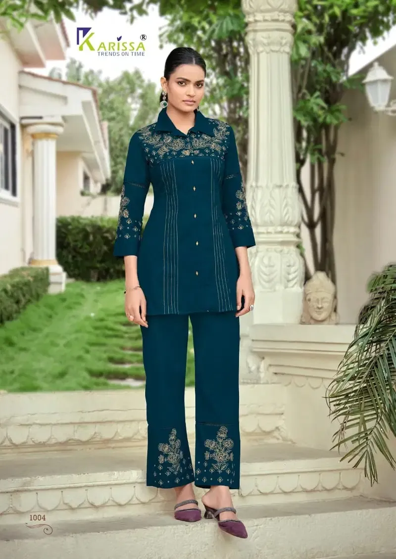 Karissa Maria Soft Cotton With Thread Worked Co Ord Set — Wholesale Cotton Kurti Pant Set, Karissa wholesale from Surat — view 1