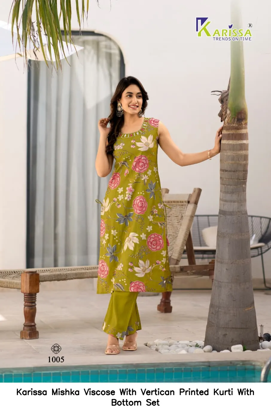 Karissa Mishka Viscose With Vertican Printed Kurti With Bottom Set — Wholesale Cotton Kurti Pant Set, Karissa wholesale from Surat — view 3