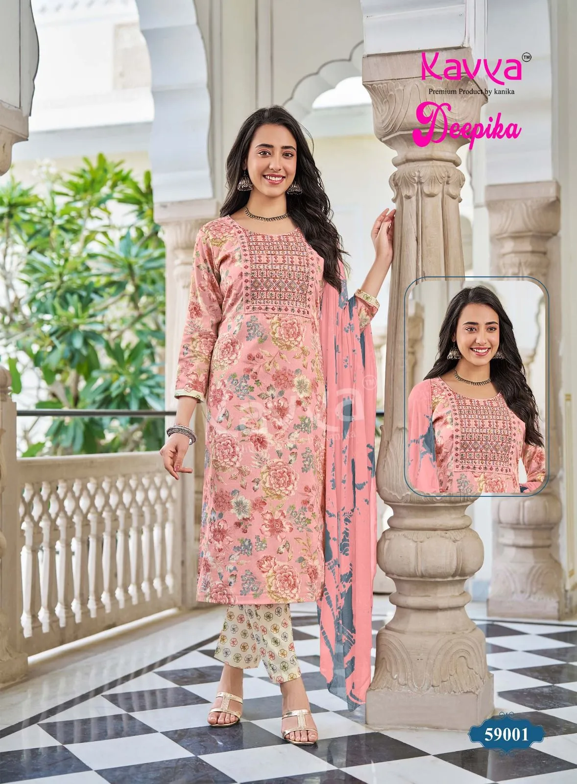 Kavya Deepika Vol 59 Straight Elegant Embroidered Neck Kurti Set — Wholesale Cotton Kurti Pant Set, Kavya wholesale from Surat — view 1