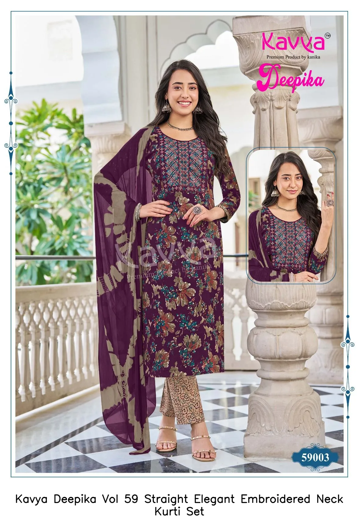 Kavya Deepika Vol 59 Straight Elegant Embroidered Neck Kurti Set — Wholesale Cotton Kurti Pant Set, Kavya wholesale from Surat — view 10