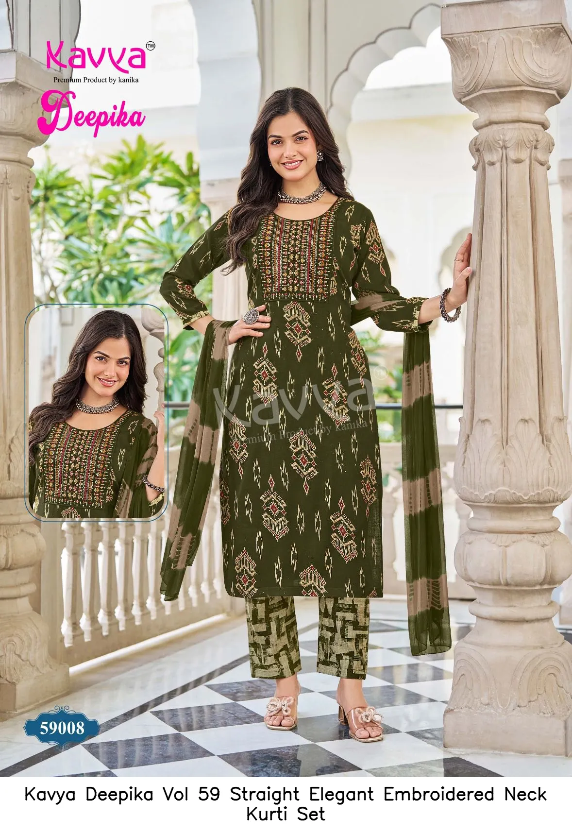 Kavya Deepika Vol 59 Straight Elegant Embroidered Neck Kurti Set — Wholesale Cotton Kurti Pant Set, Kavya wholesale from Surat — view 11
