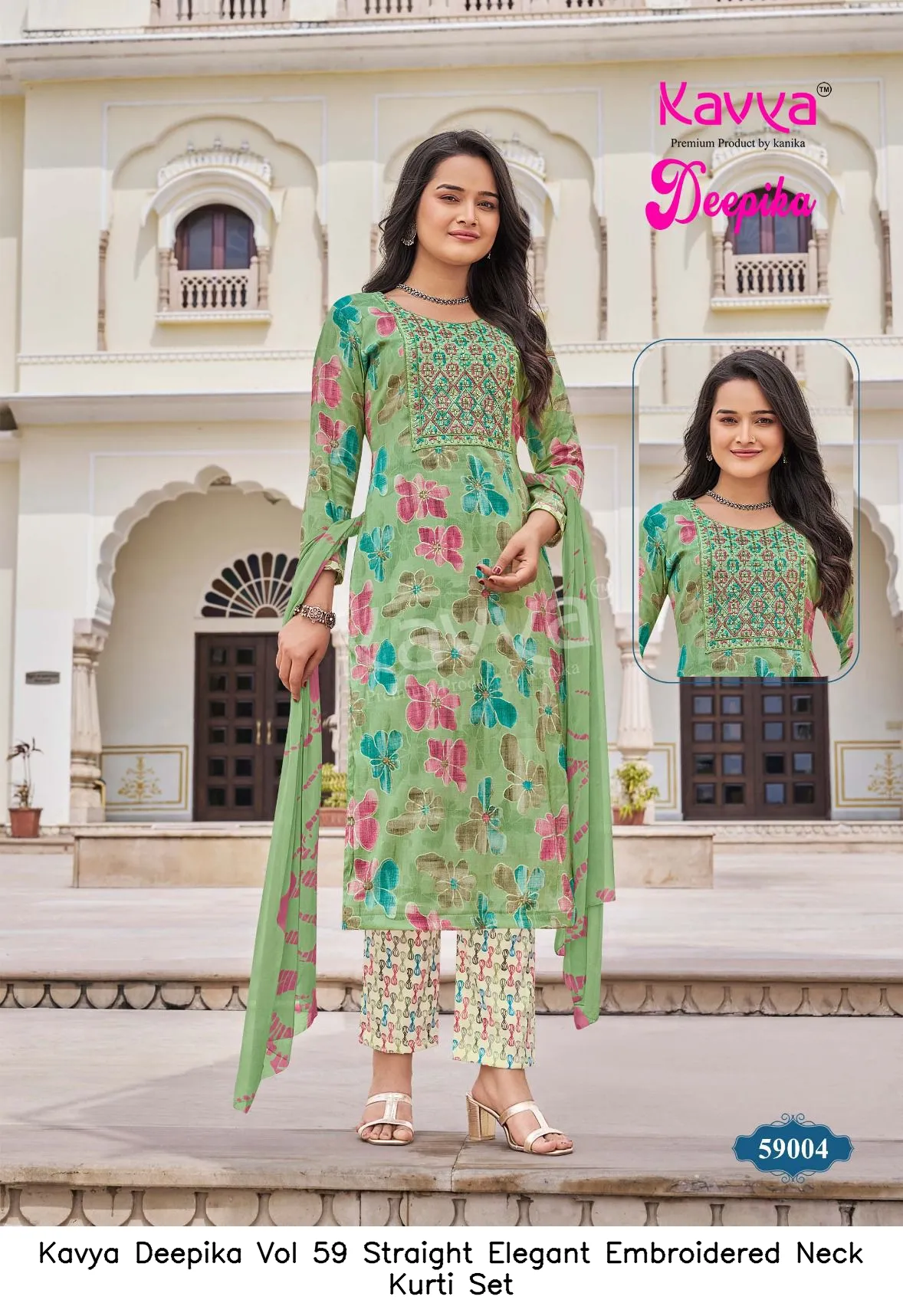 Kavya Deepika Vol 59 Straight Elegant Embroidered Neck Kurti Set — Wholesale Cotton Kurti Pant Set, Kavya wholesale from Surat — view 6