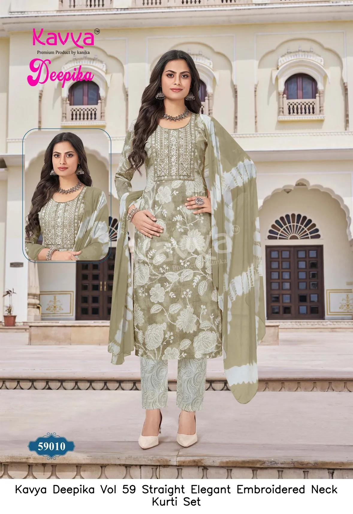 Kavya Deepika Vol 59 Straight Elegant Embroidered Neck Kurti Set — Wholesale Cotton Kurti Pant Set, Kavya wholesale from Surat — view 9