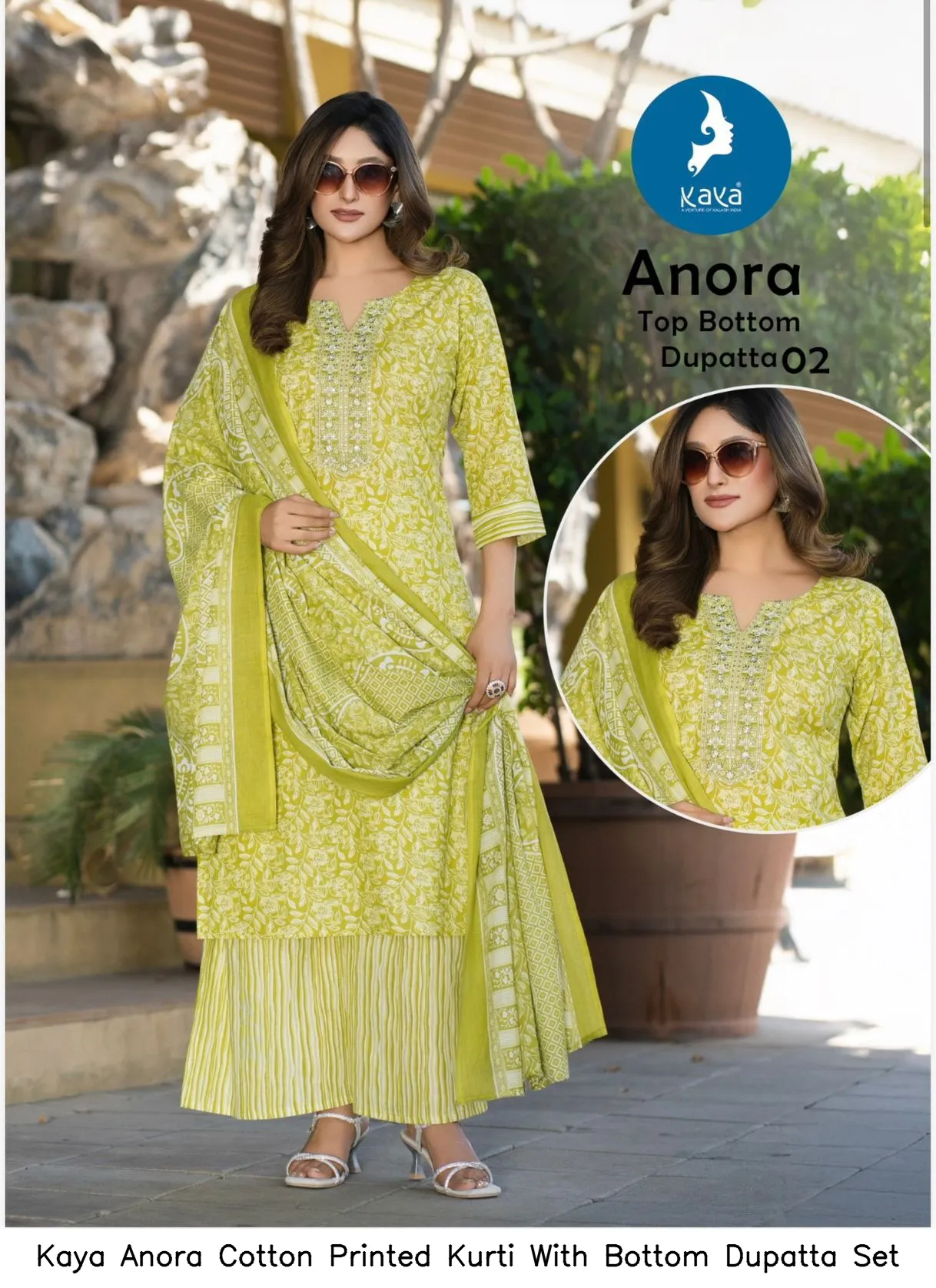 Kaya Anora Cotton Printed Kurti With Bottom Dupatta Set — Wholesale Cotton Kurti Pant Set, Kaya wholesale from Surat — view 2
