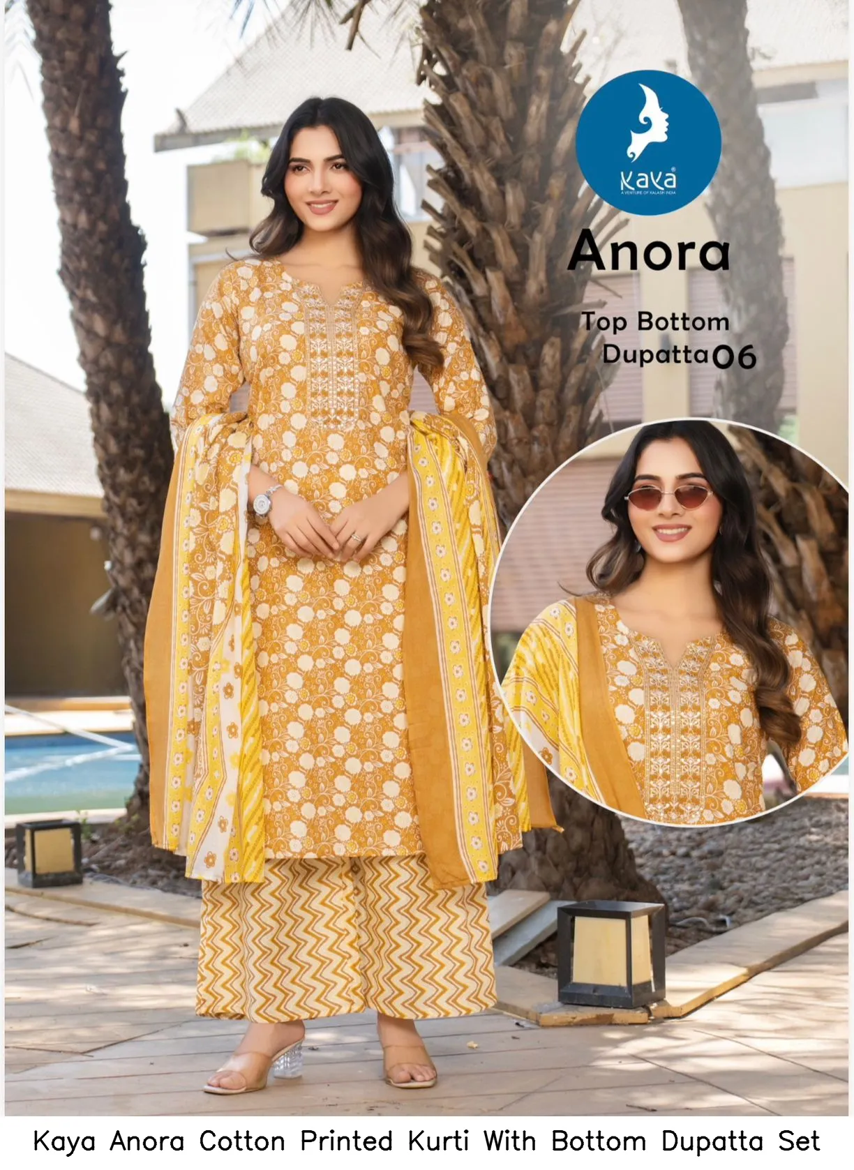 Kaya Anora Cotton Printed Kurti With Bottom Dupatta Set — Wholesale Cotton Kurti Pant Set, Kaya wholesale from Surat — view 3