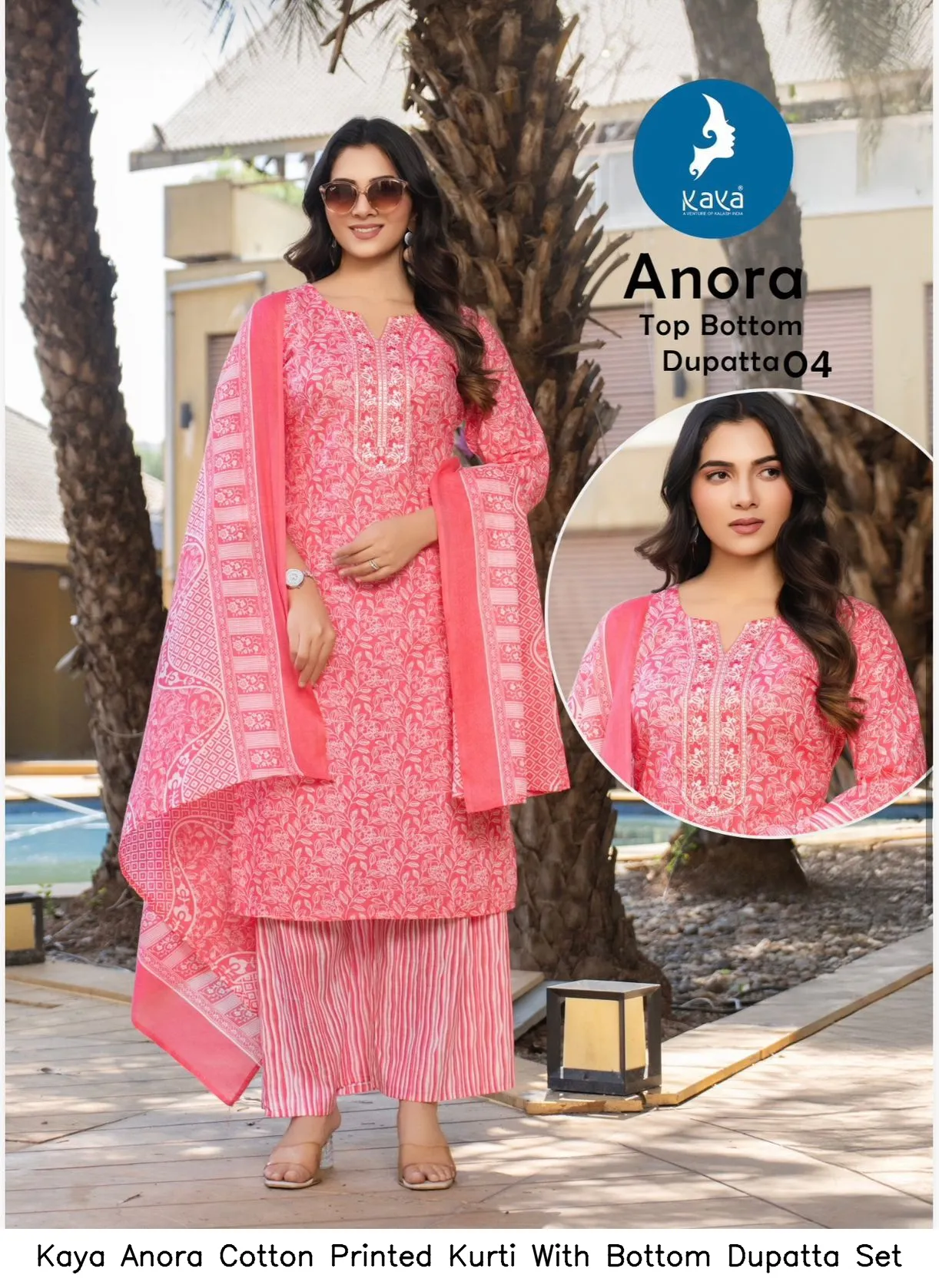 Kaya Anora Cotton Printed Kurti With Bottom Dupatta Set — Wholesale Cotton Kurti Pant Set, Kaya wholesale from Surat — view 4