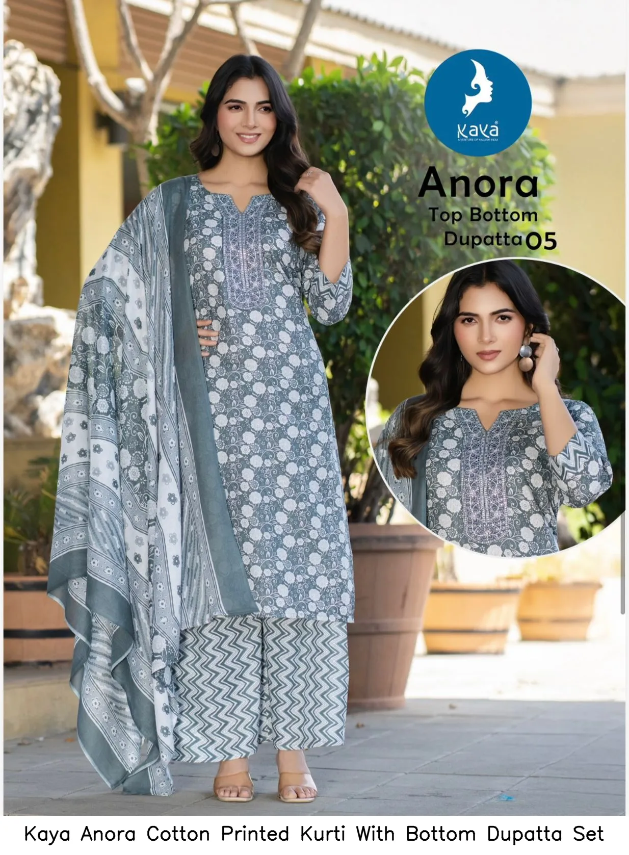 Kaya Anora Cotton Printed Kurti With Bottom Dupatta Set — Wholesale Cotton Kurti Pant Set, Kaya wholesale from Surat — view 5