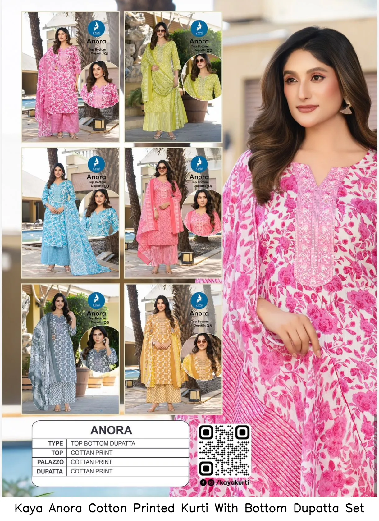 Kaya Anora Cotton Printed Kurti With Bottom Dupatta Set — Wholesale Cotton Kurti Pant Set, Kaya wholesale from Surat — view 6