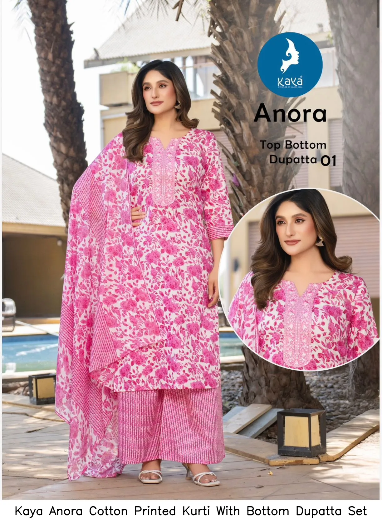 Kaya Anora Cotton Printed Kurti With Bottom Dupatta Set — Wholesale Cotton Kurti Pant Set, Kaya wholesale from Surat — view 7