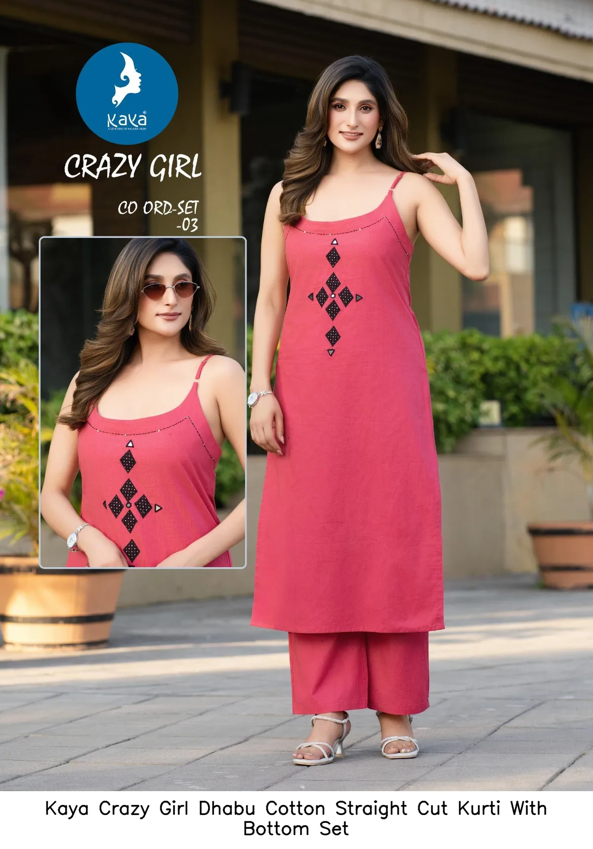Kaya Crazy Girl Dhabu Cotton Straight Cut Kurti With Bottom Set — Wholesale Cotton Kurti Pant Set, Kaya wholesale from Surat — view 6