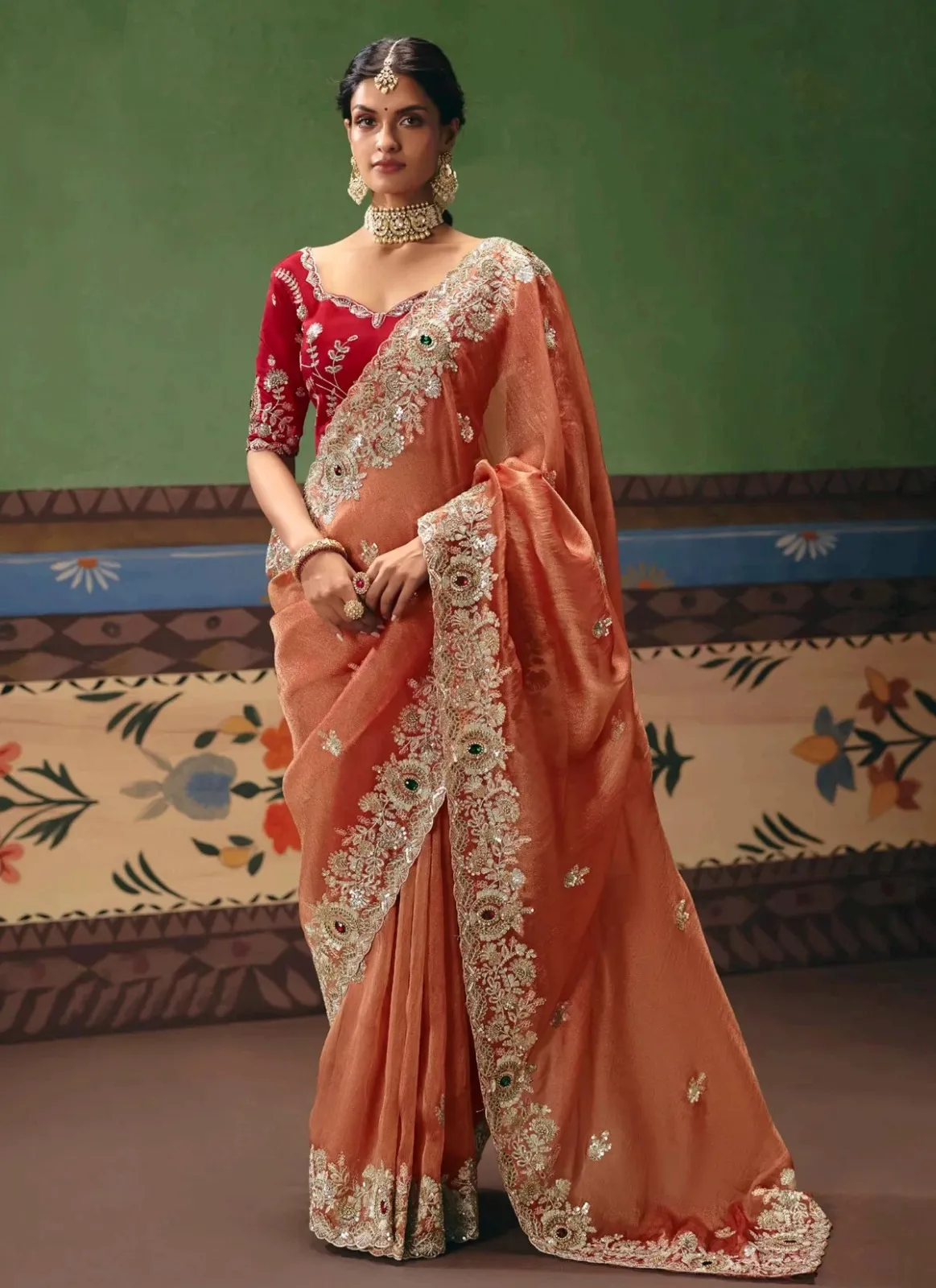 KMR Tissue Beads Work Traditional Saree in Peach Color