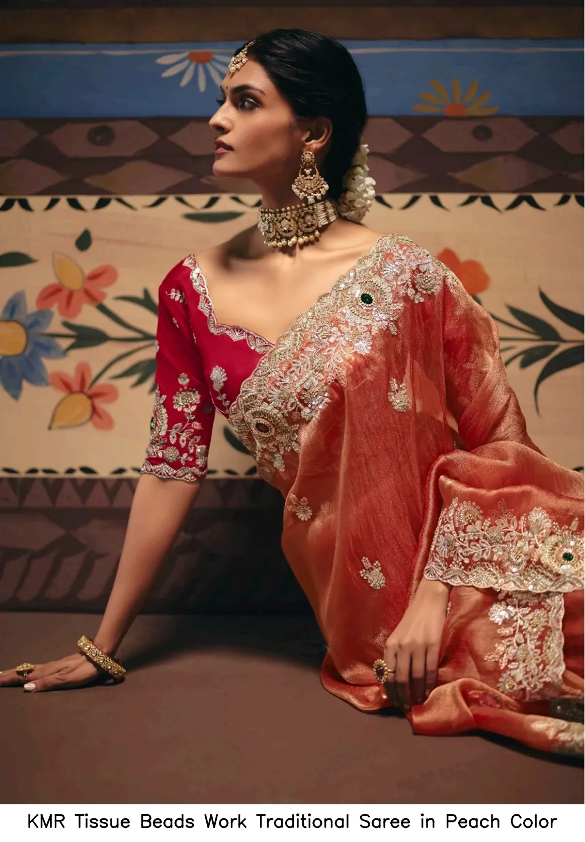 KMR Tissue Beads Work Traditional Saree in Peach Color — Wholesale Sarees, Vardan Ethnic wholesale from Surat - Gallery Image 2