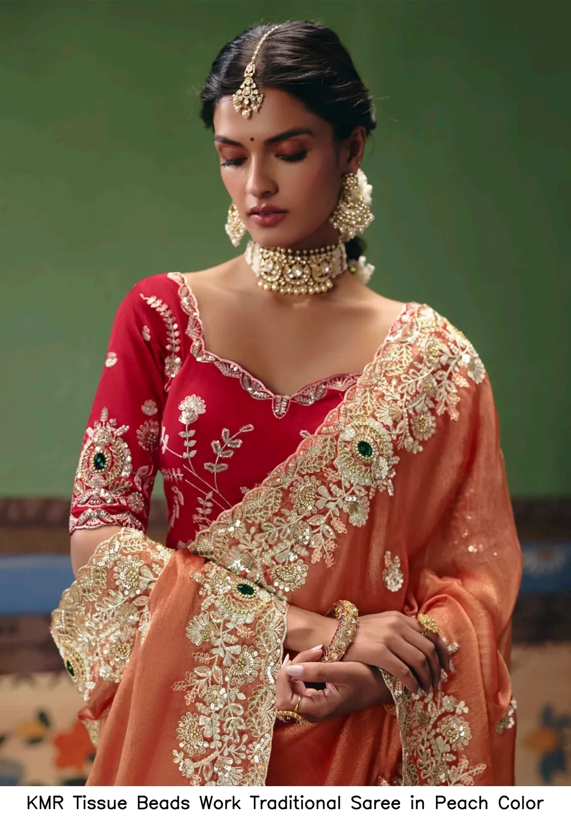 KMR Tissue Beads Work Traditional Saree in Peach Color — Wholesale Sarees, Vardan Ethnic wholesale from Surat - Gallery Image 3