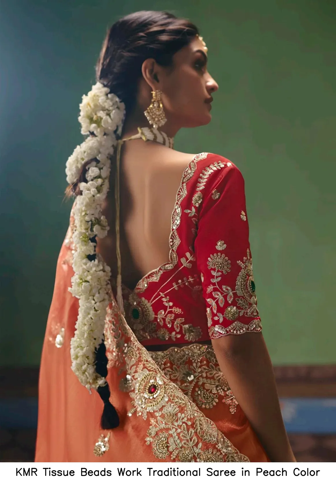 KMR Tissue Beads Work Traditional Saree in Peach Color — Wholesale Sarees, Vardan Ethnic wholesale from Surat - Gallery Image 4