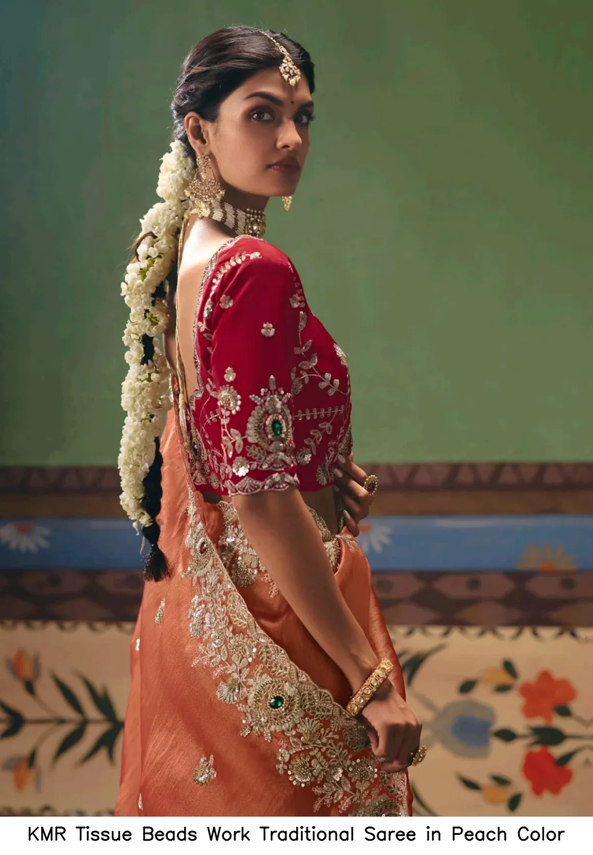 KMR Tissue Beads Work Traditional Saree in Peach Color — Wholesale Sarees, Vardan Ethnic wholesale from Surat — view 5