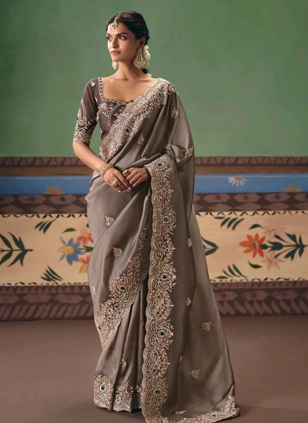 KMR Tissue Trendy in Grey with Embroidered Work Saree