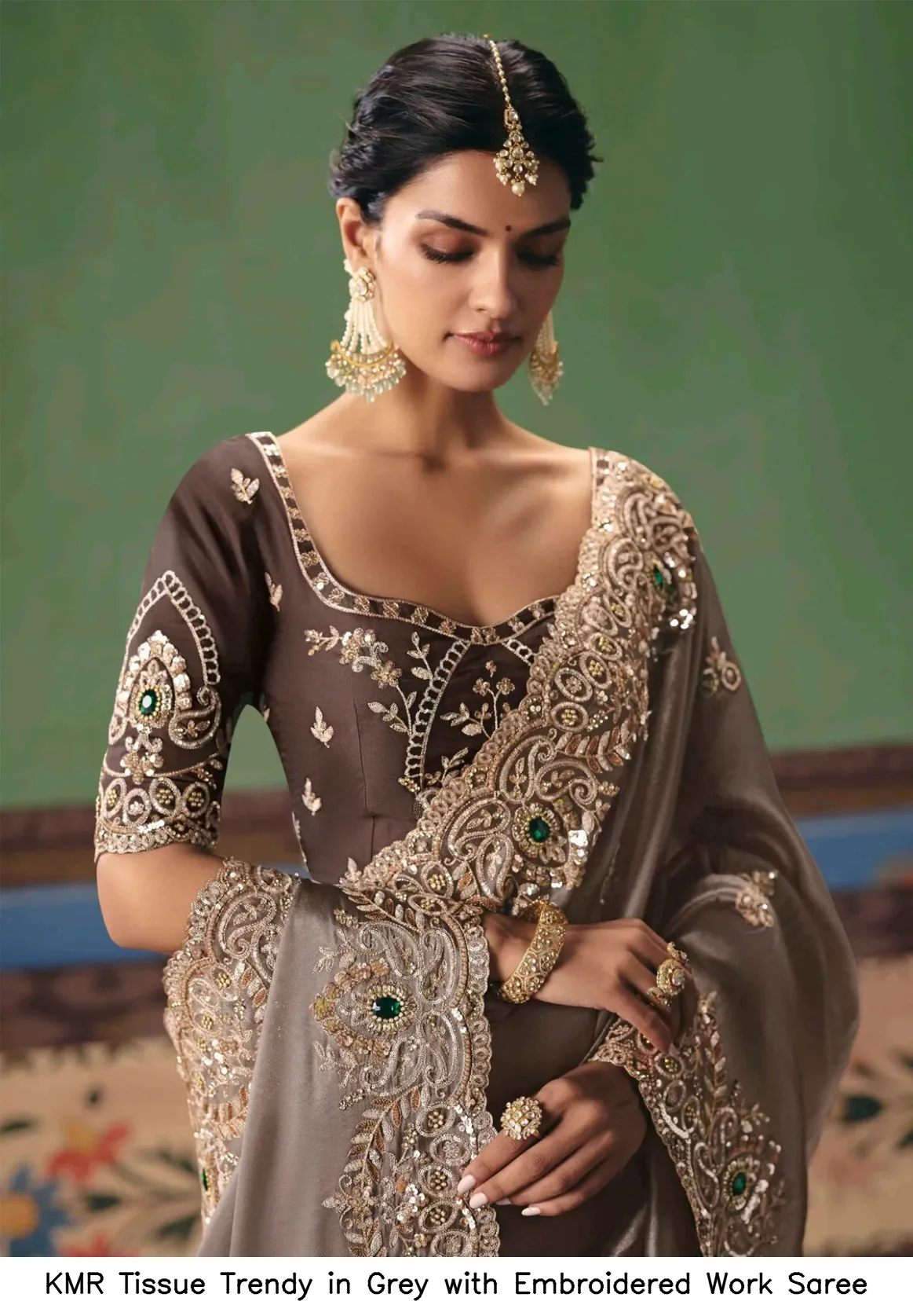 KMR Tissue Trendy in Grey with Embroidered Work Saree — Wholesale Sarees, Vardan Ethnic wholesale from Surat - Gallery Image 2