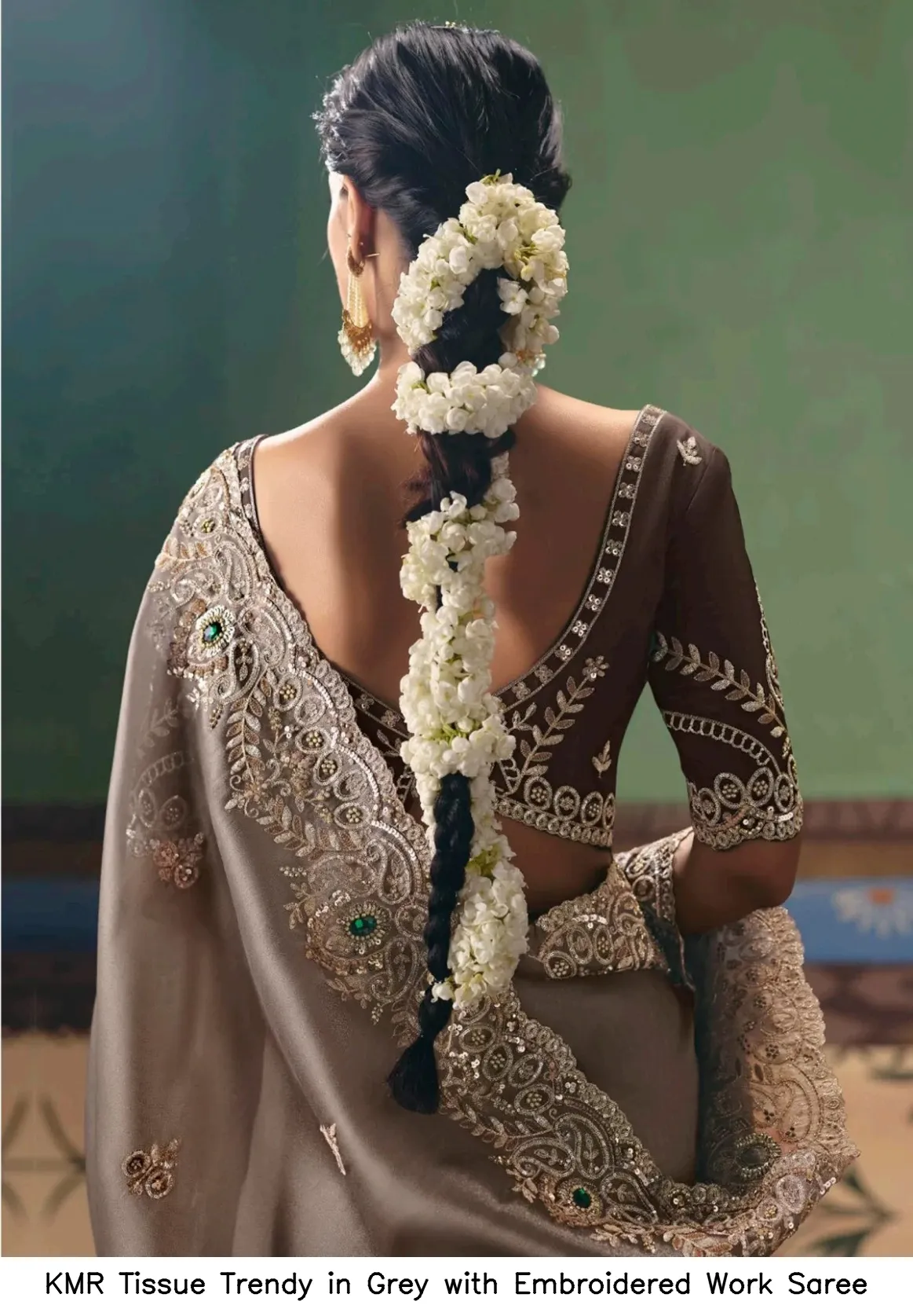 KMR Tissue Trendy in Grey with Embroidered Work Saree — Wholesale Sarees, Vardan Ethnic wholesale from Surat - Gallery Image 3