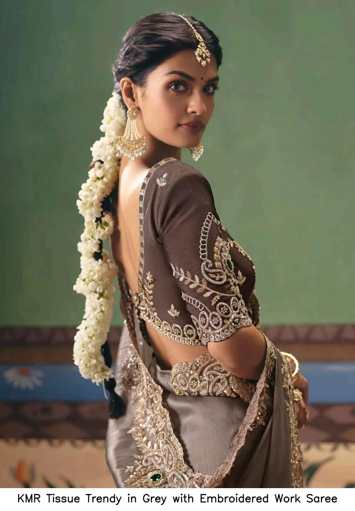 KMR Tissue Trendy in Grey with Embroidered Work Saree — Wholesale Sarees, Vardan Ethnic wholesale from Surat - Gallery Image 4