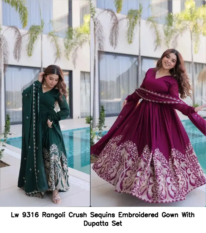 Lw 9316 Rangoli Crush Sequins Embroidered Gown With Dupatta Set — Wholesale Partywear Salwar Suits, Vardan Ethnic wholesale from Surat - Gallery Image 2