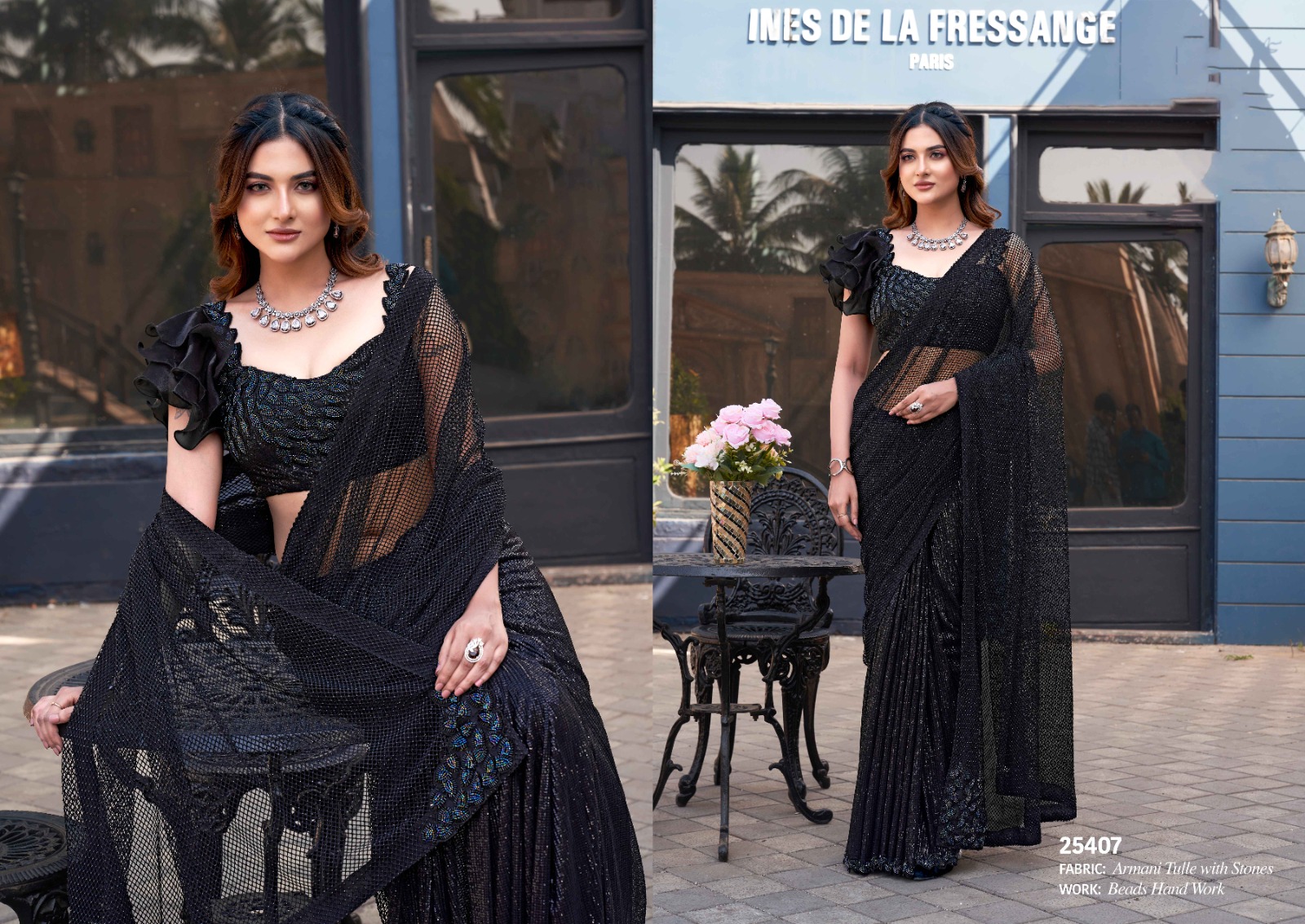 Mahotsav Mohmanthan 25400 Noire Armani Tulle With Stone Worked Saree — Wholesale Sarees, Mahotsav wholesale from Surat — view 4