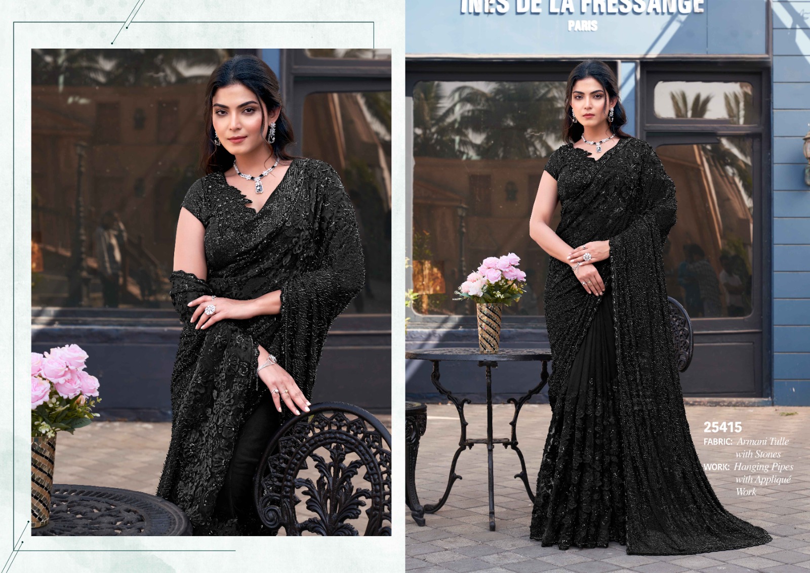 Mahotsav Mohmanthan 25400 Noire Armani Tulle With Stone Worked Saree — Wholesale Sarees, Mahotsav wholesale from Surat — view 3