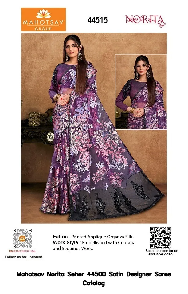 Mahotsav Norita Seher 44500 Satin Designer Saree Catalog — Wholesale Sarees, Mahotsav wholesale from Surat — view 10