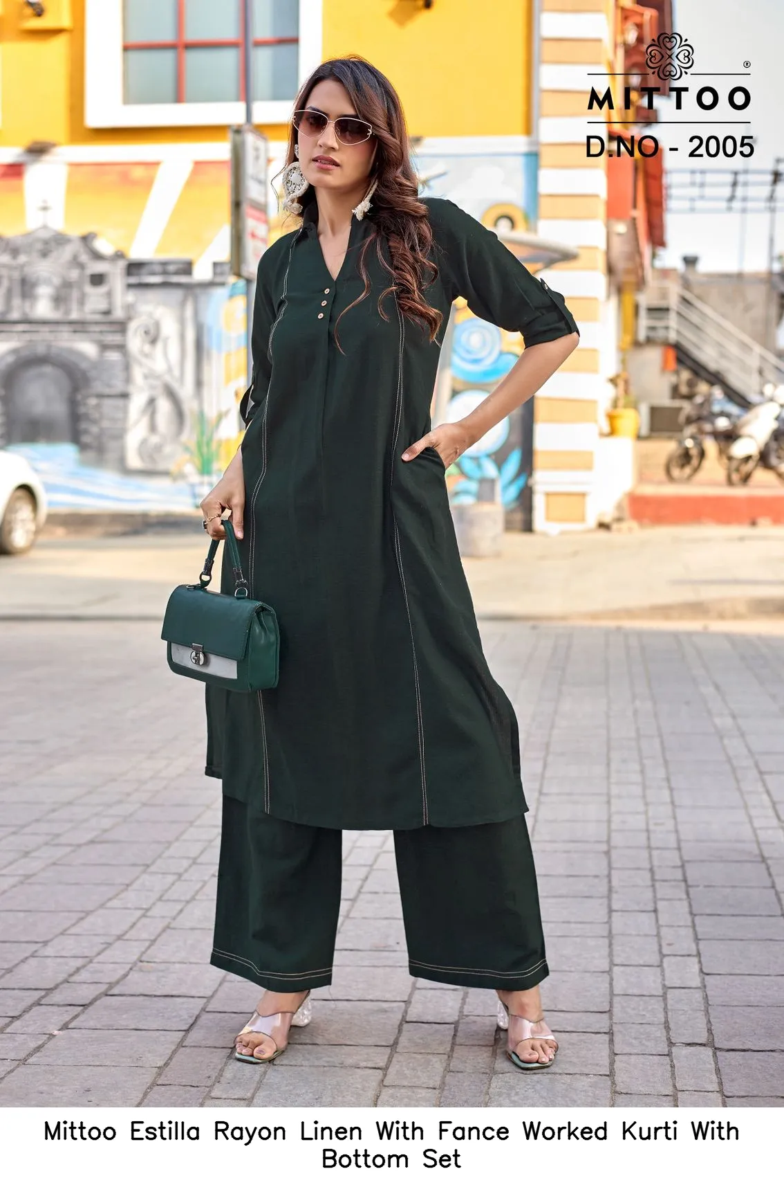 Mittoo Estilla Rayon Linen With Fance Worked Kurti With Bottom Set — Wholesale Cotton Kurti Pant Set, Mittoo wholesale from Surat — view 2