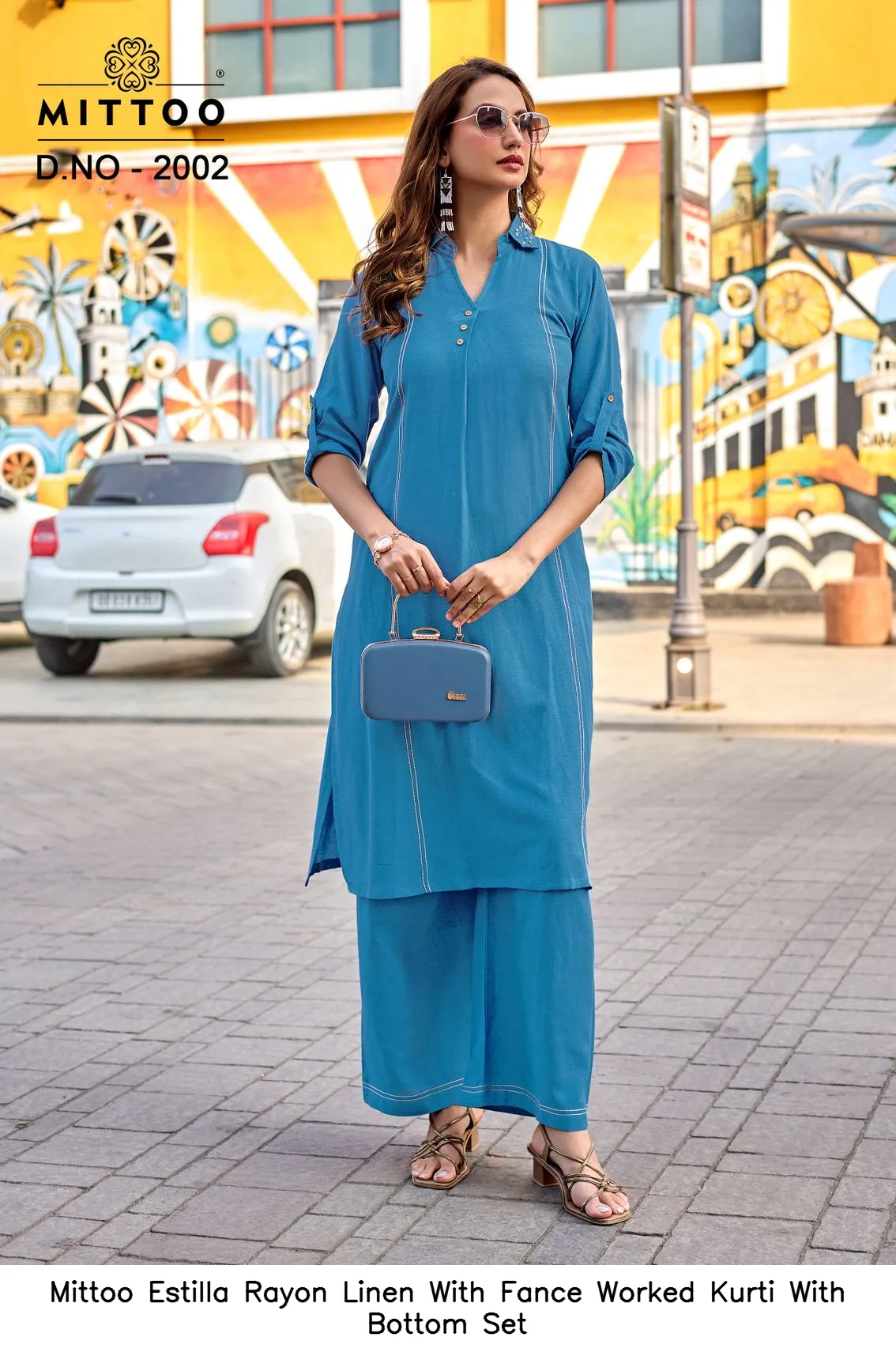 Mittoo Estilla Rayon Linen With Fance Worked Kurti With Bottom Set — Wholesale Cotton Kurti Pant Set, Mittoo wholesale from Surat — view 3