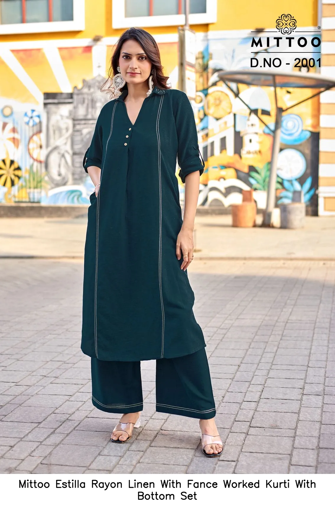 Mittoo Estilla Rayon Linen With Fance Worked Kurti With Bottom Set — Wholesale Cotton Kurti Pant Set, Mittoo wholesale from Surat — view 4