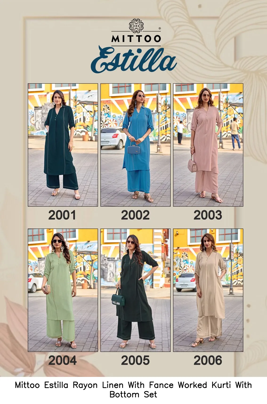 Mittoo Estilla Rayon Linen With Fance Worked Kurti With Bottom Set — Wholesale Cotton Kurti Pant Set, Mittoo wholesale from Surat — view 5
