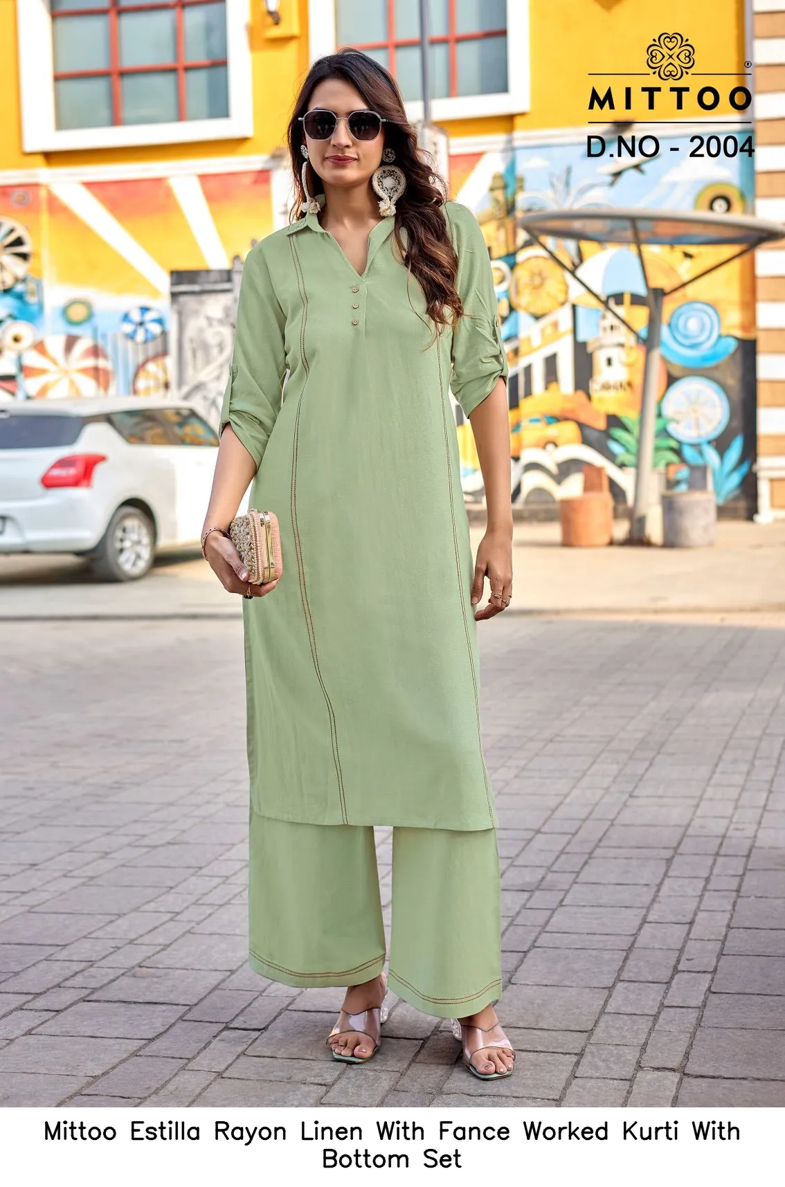 Mittoo Estilla Rayon Linen With Fance Worked Kurti With Bottom Set — Wholesale Cotton Kurti Pant Set, Mittoo wholesale from Surat — view 6