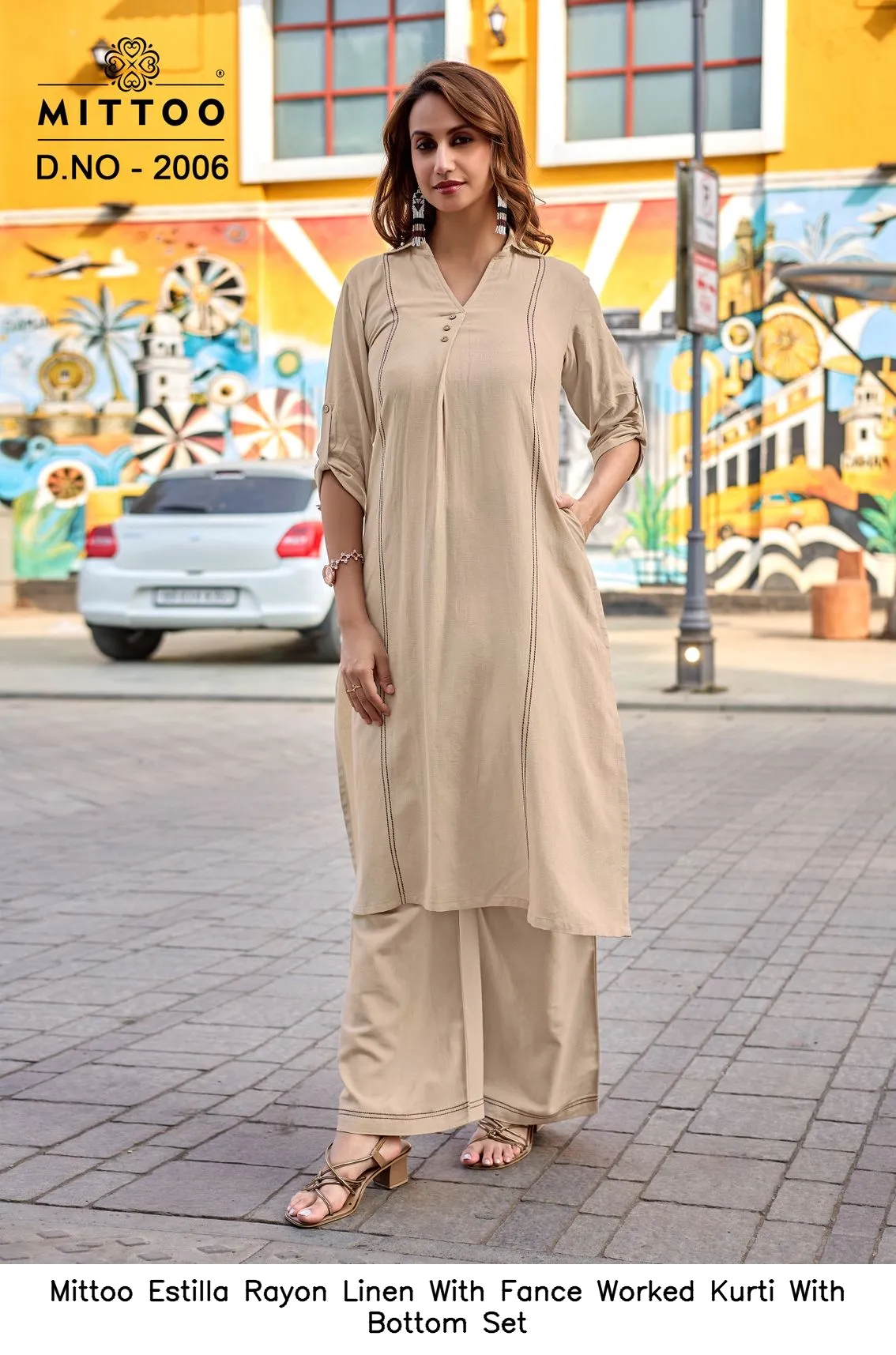 Mittoo Estilla Rayon Linen With Fance Worked Kurti With Bottom Set — Wholesale Cotton Kurti Pant Set, Mittoo wholesale from Surat — view 7