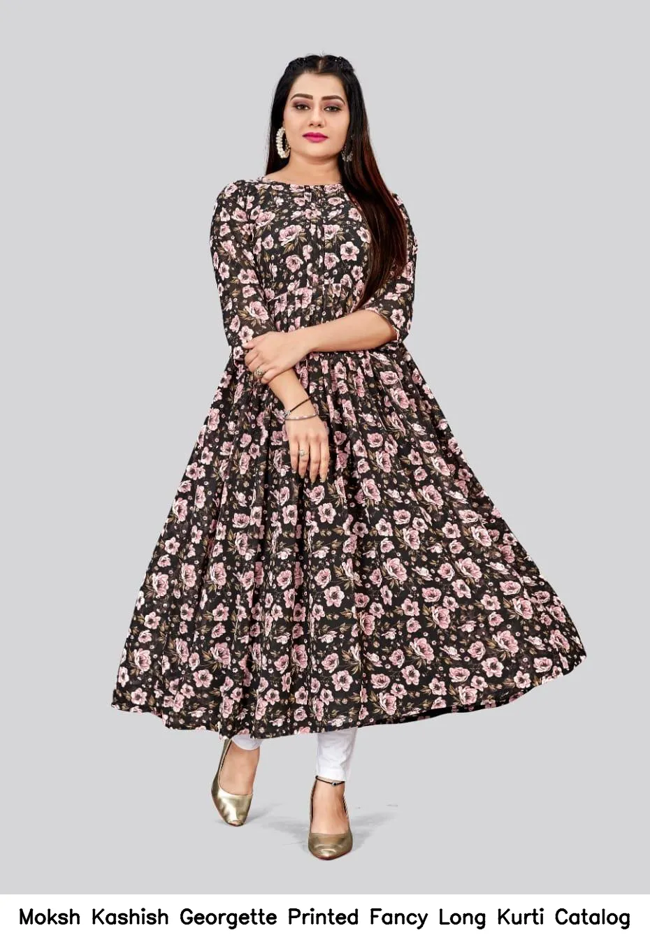 Moksh Kashish Georgette Printed Fancy Long Kurti Catalog — Wholesale Cotton Kurti Pant Set, Moksh wholesale from Surat — view 2