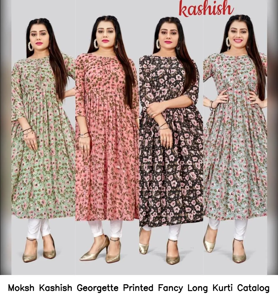 Moksh Kashish Georgette Printed Fancy Long Kurti Catalog — Wholesale Cotton Kurti Pant Set, Moksh wholesale from Surat — view 3