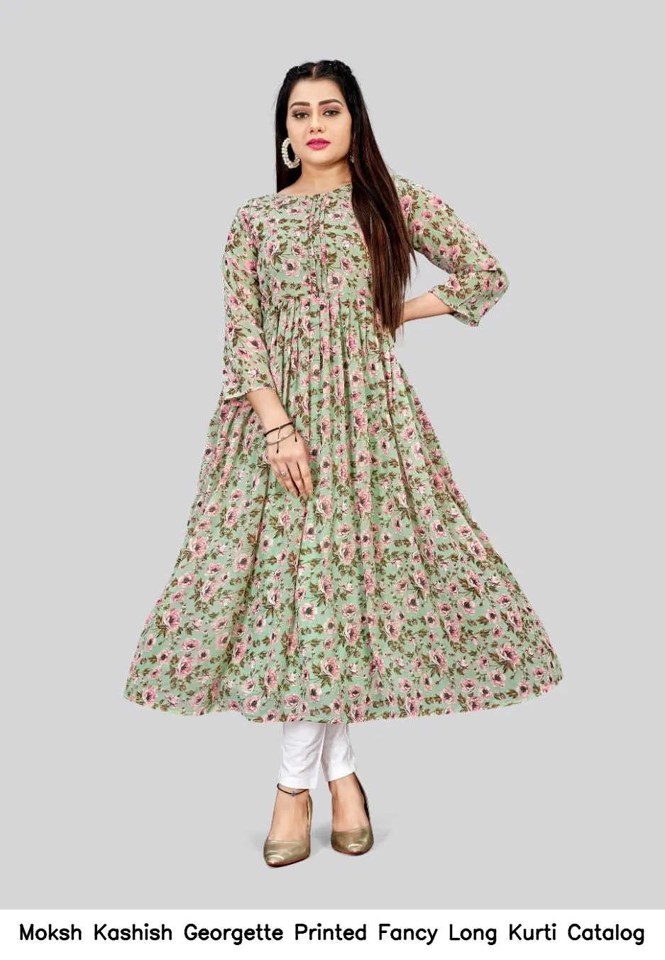 Moksh Kashish Georgette Printed Fancy Long Kurti Catalog — Wholesale Cotton Kurti Pant Set, Moksh wholesale from Surat — view 4