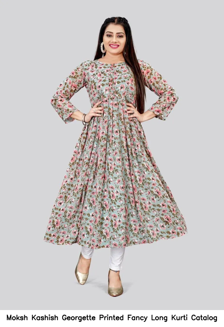 Moksh Kashish Georgette Printed Fancy Long Kurti Catalog — Wholesale Cotton Kurti Pant Set, Moksh wholesale from Surat — view 5