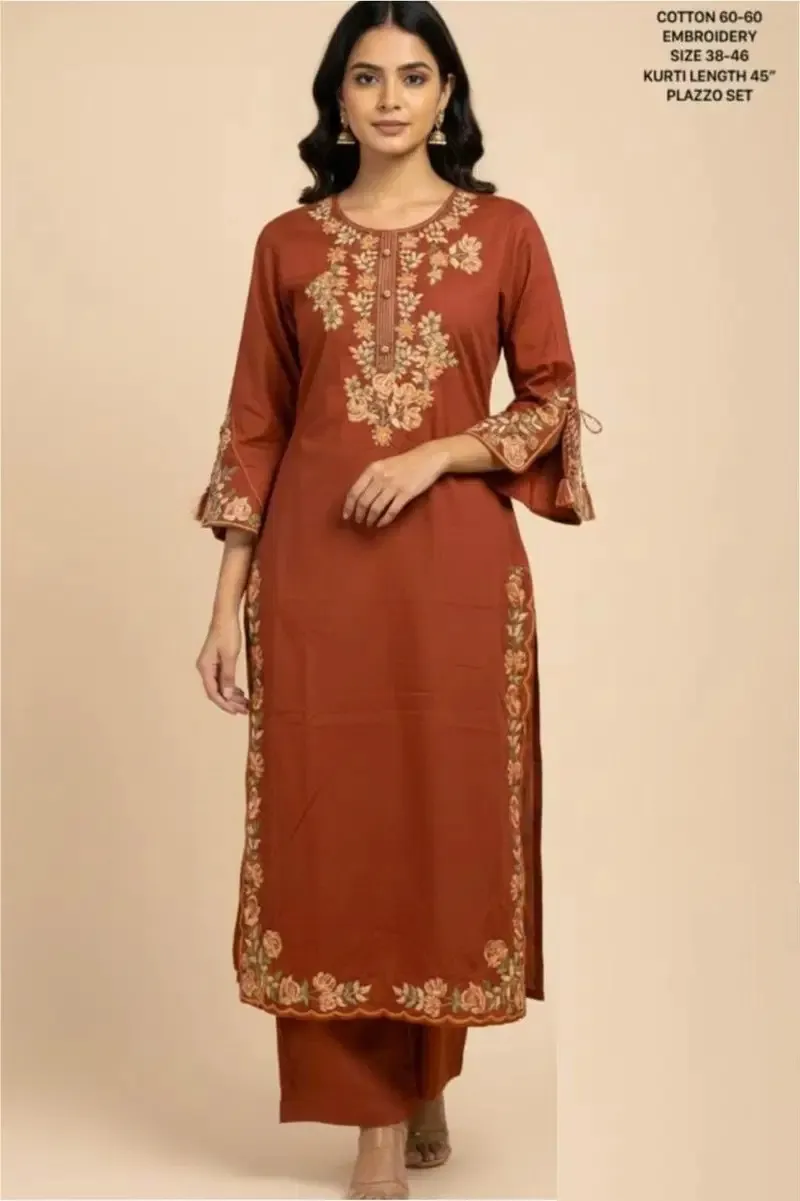 Naisha K 528 Musturd Designer Cotton Worked Kurti With Bottom Set