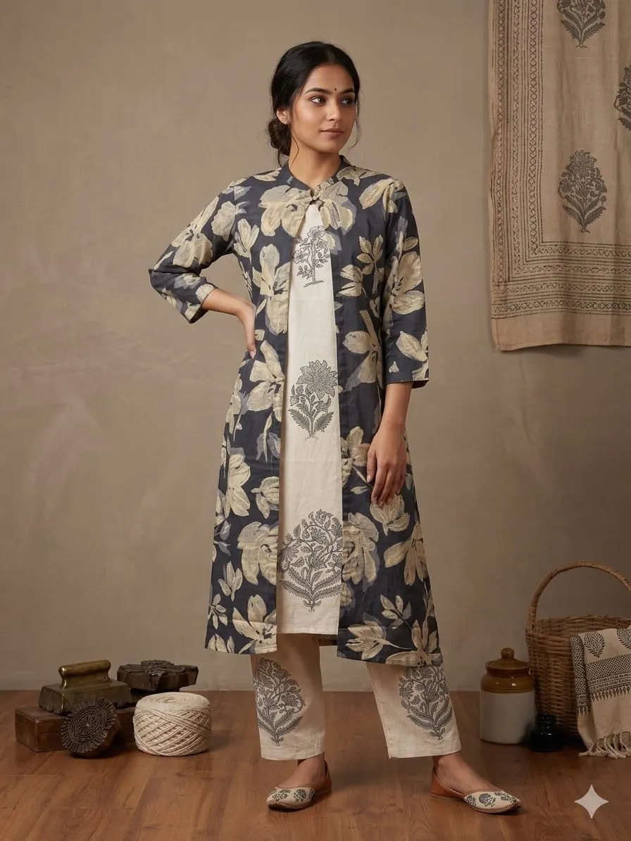 Naisha K 754 Vol 3 Cotton Flex Printed Sleeveless Kurti Plazzo With Shrug Set — Wholesale Cotton Kurti Pant Set, Naisha wholesale from Surat — view 1