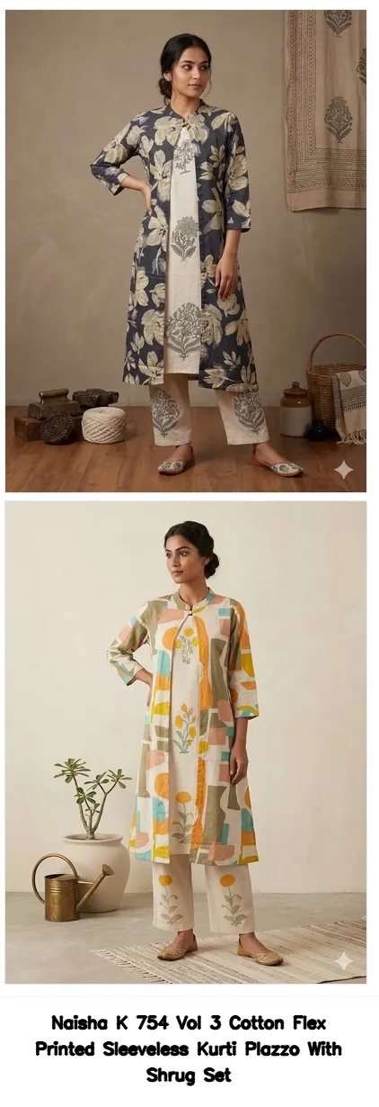 Naisha K 754 Vol 3 Cotton Flex Printed Sleeveless Kurti Plazzo With Shrug Set — Wholesale Cotton Kurti Pant Set, Naisha wholesale from Surat - Gallery Image 2