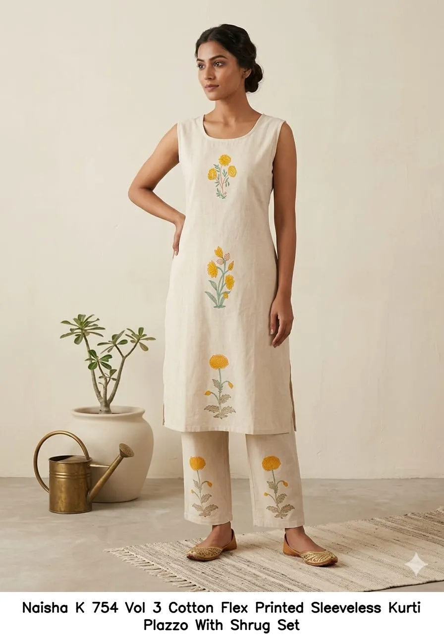 Naisha K 754 Vol 3 Cotton Flex Printed Sleeveless Kurti Plazzo With Shrug Set — Wholesale Cotton Kurti Pant Set, Naisha wholesale from Surat - Gallery Image 3