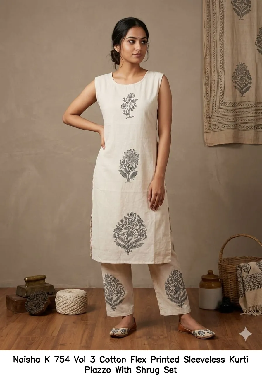 Naisha K 754 Vol 3 Cotton Flex Printed Sleeveless Kurti Plazzo With Shrug Set — Wholesale Cotton Kurti Pant Set, Naisha wholesale from Surat - Gallery Image 4