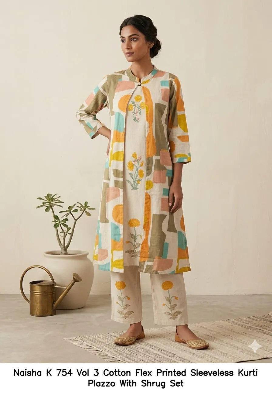 Naisha K 754 Vol 3 Cotton Flex Printed Sleeveless Kurti Plazzo With Shrug Set — Wholesale Cotton Kurti Pant Set, Naisha wholesale from Surat - Gallery Image 5