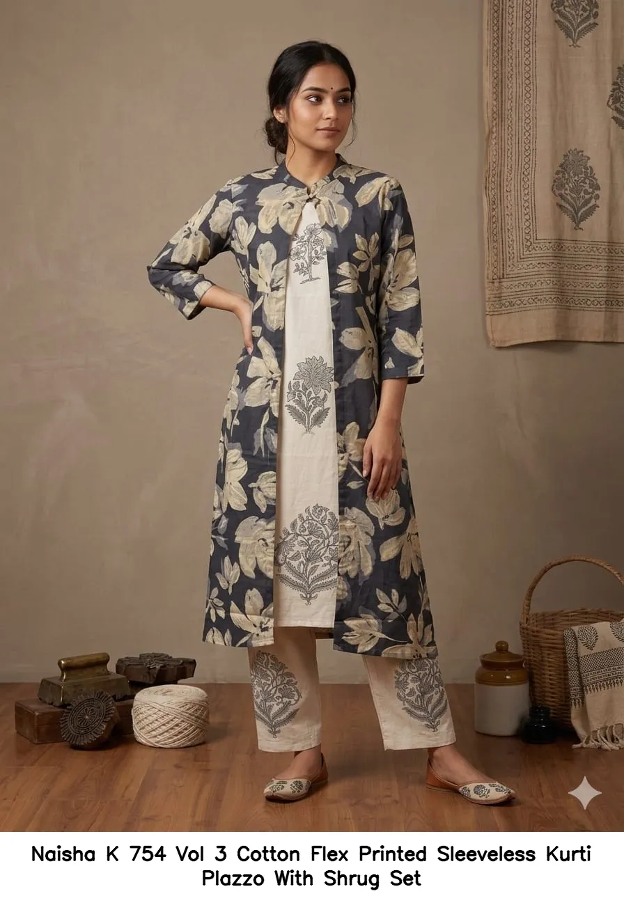 Naisha K 754 Vol 3 Cotton Flex Printed Sleeveless Kurti Plazzo With Shrug Set — Wholesale Cotton Kurti Pant Set, Naisha wholesale from Surat — view 6