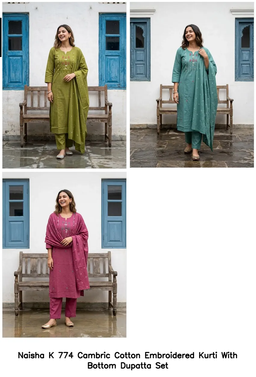 Naisha K 774 Cambric Cotton Embroidered Kurti With Bottom Dupatta Set — Wholesale Festival Salwar Suits, Naisha wholesale from Surat - Gallery Image 2