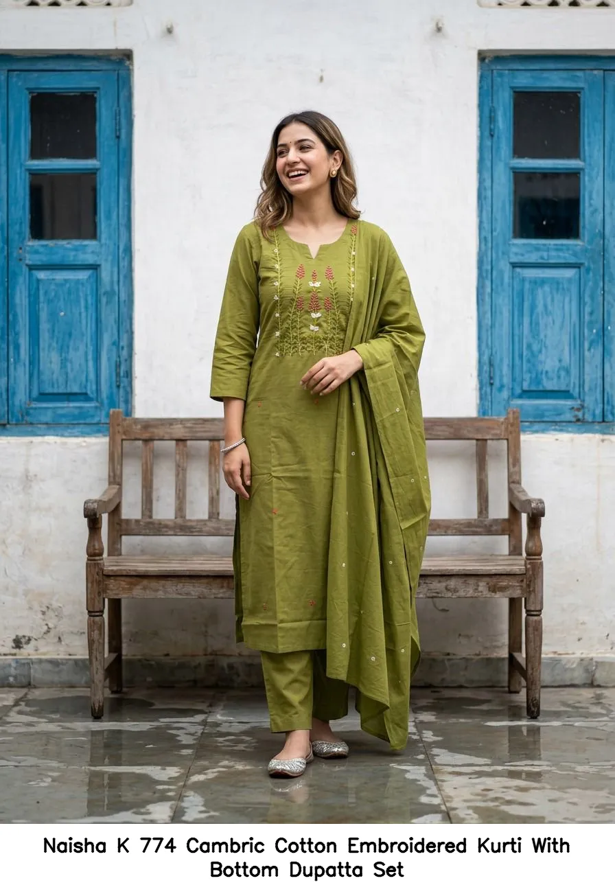 Naisha K 774 Cambric Cotton Embroidered Kurti With Bottom Dupatta Set — Wholesale Festival Salwar Suits, Naisha wholesale from Surat - Gallery Image 3