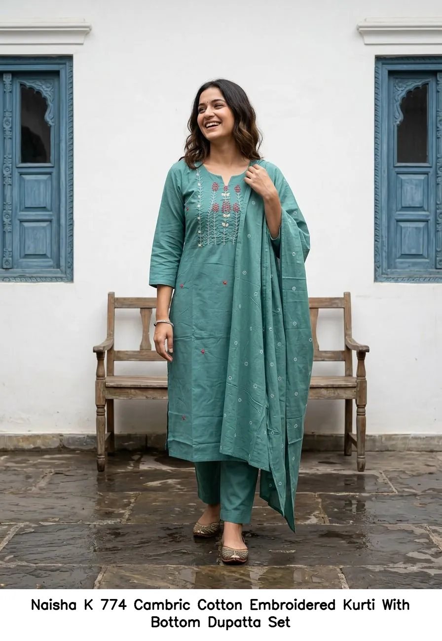 Naisha K 774 Cambric Cotton Embroidered Kurti With Bottom Dupatta Set — Wholesale Festival Salwar Suits, Naisha wholesale from Surat — view 4