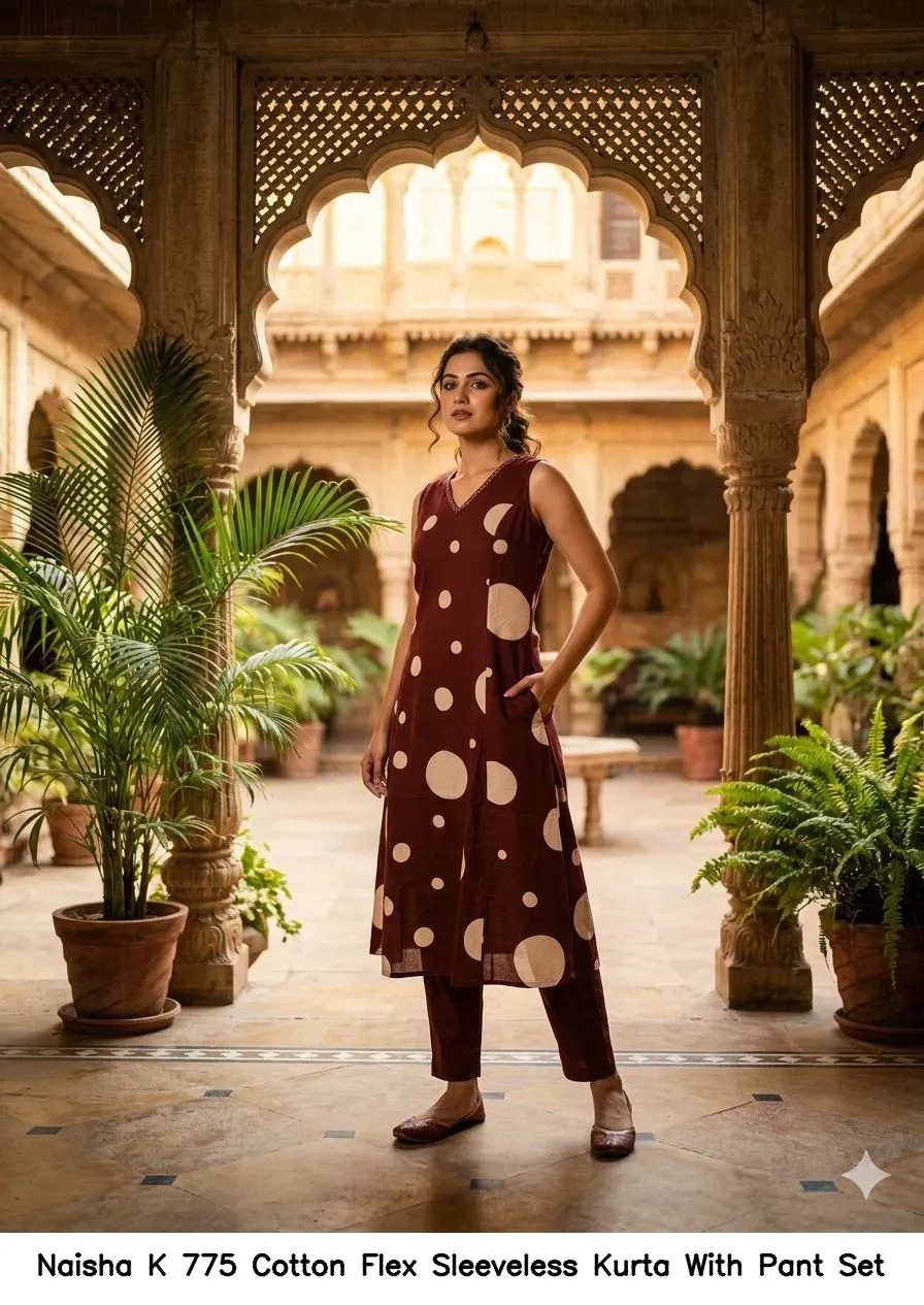 Naisha K 775 Cotton Flex Sleeveless Kurta With Pant Set — Wholesale Cotton Kurti Pant Set, Naisha wholesale from Surat — view 2